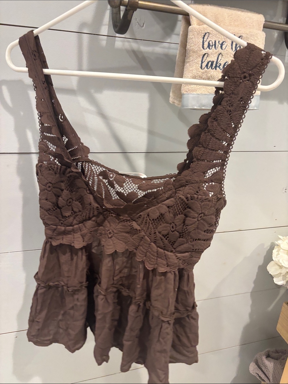 NWT Free people intimately Brown Crochet Lace Camisole Tank with Ruffled Hem